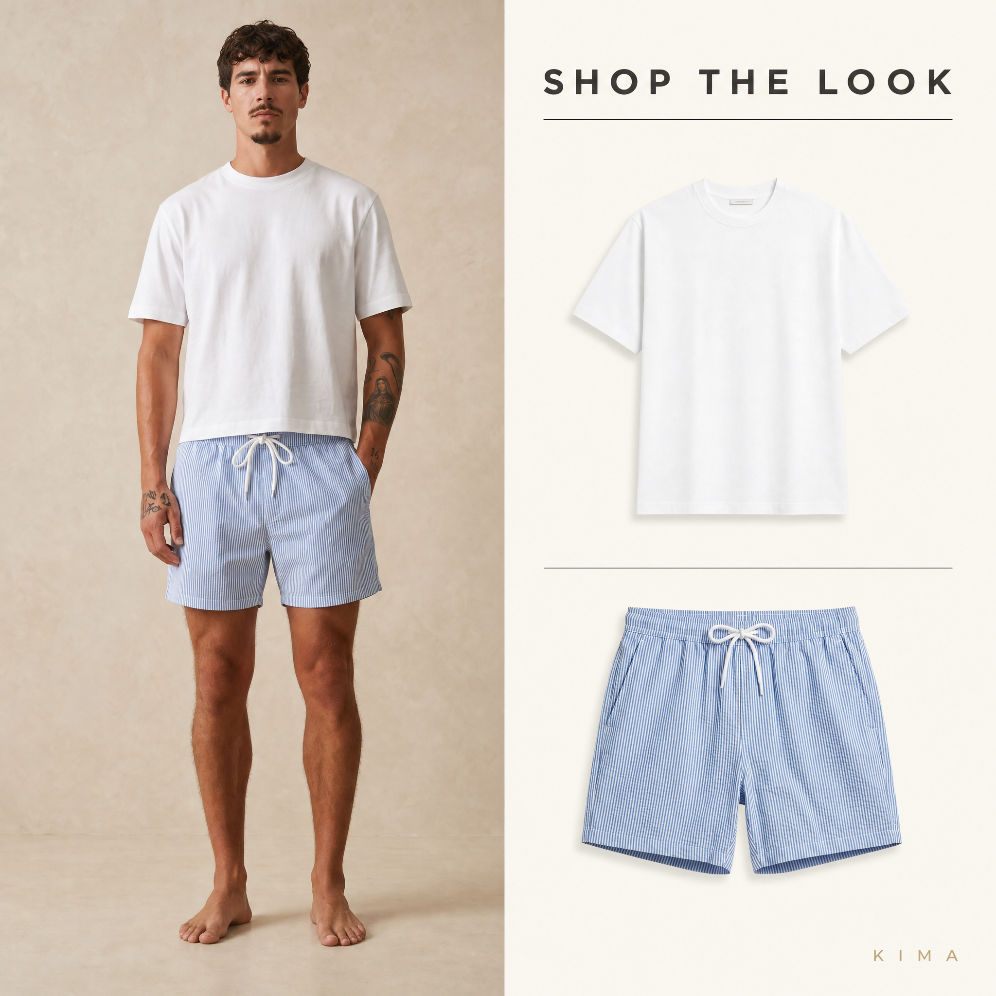 WHITE T SHIRT + STRIPED SHORTS