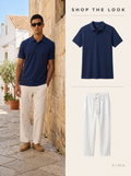 NAVY POLO + WHITE LINEN PANTS