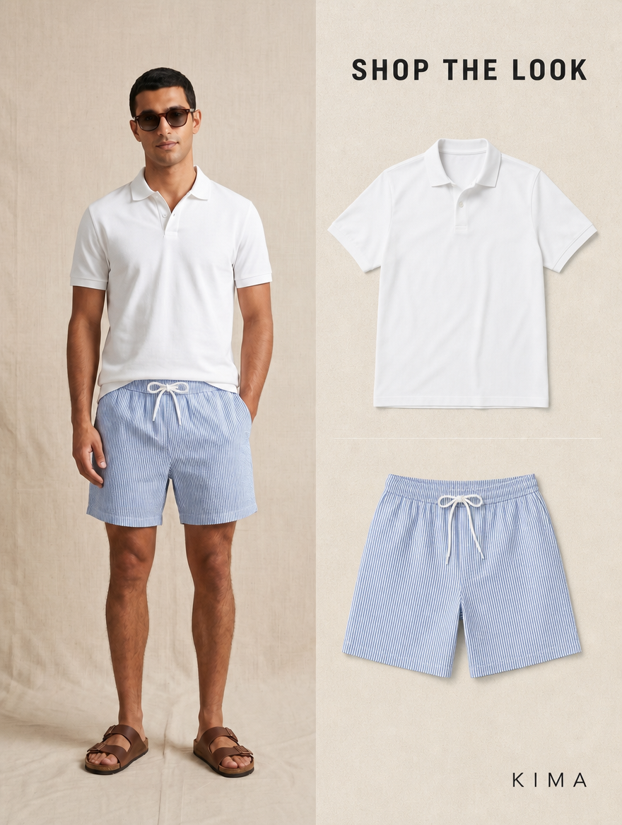WHITE POLO + STRIPED SHORTS