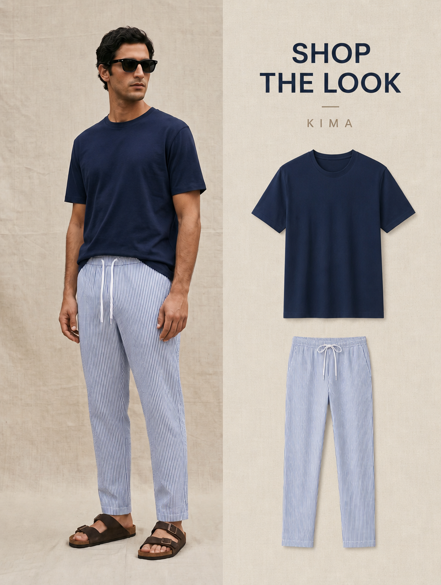 NAVY T SHIRT + STRIPED PANTS