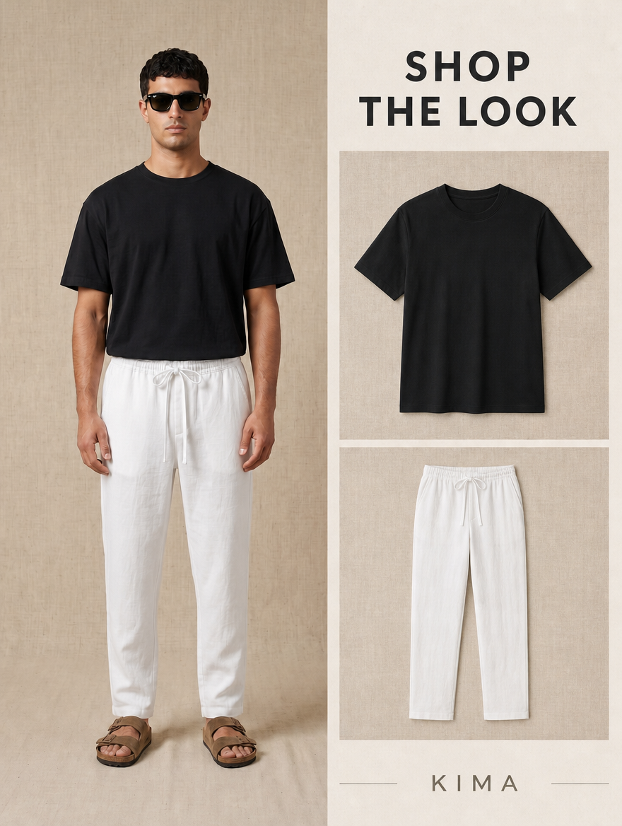 BLACK T SHIRT + WHITE LINEN PANTS