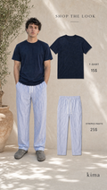 NAVY T SHIRT + STRIPED PANTS