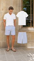 OFF WHITE POLO + STRIPED SHORTS
