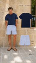 NAVY T SHIRT + STRIPED SHORTS