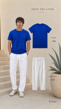 ROYAL BLUE T SHIRT + WHITE LINEN PANTS