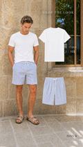 OFFWHITE T SHIRT + STRIPED SHORTS
