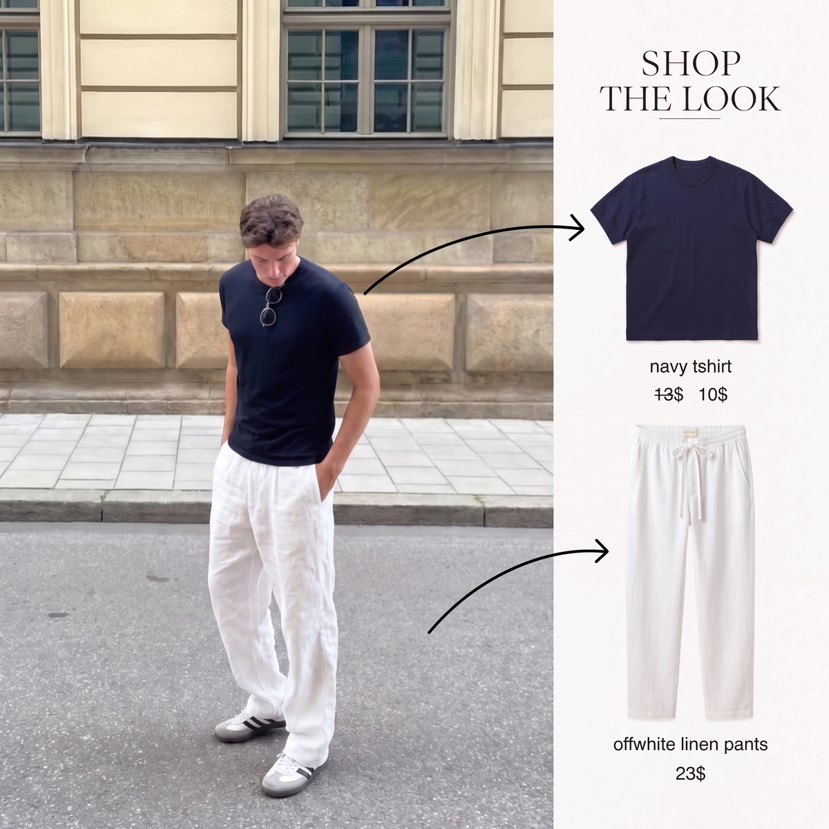 NAVY T SHIRT + OFFWHITE LINEN PANTS