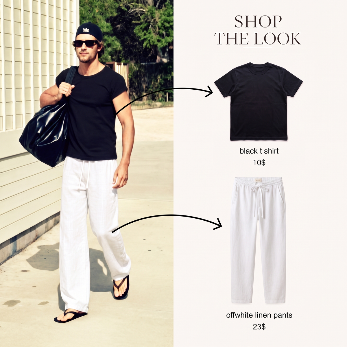 BLACK T SHIRT + WHITE LINEN PANTS
