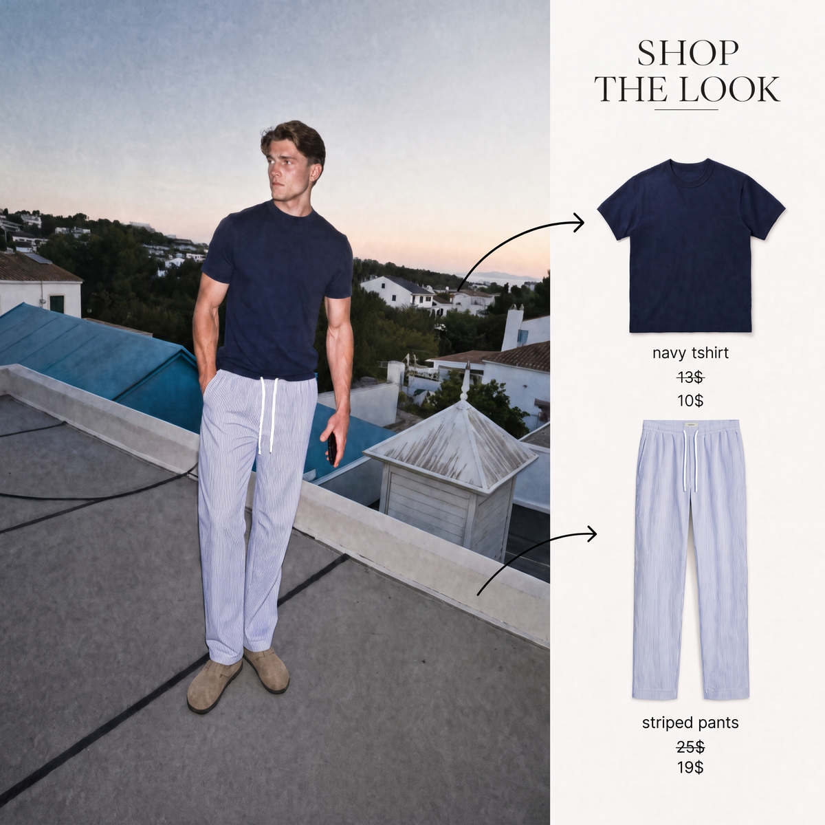 NAVY T SHIRT + STRIPED PANTS