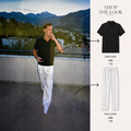 BLACK POLO + OFFWHITE LINEN PANTS