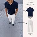 NAVY POLO + OFFWHITE LINEN PANTS