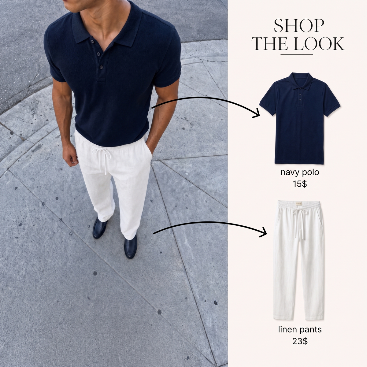 NAVY POLO + OFFWHITE LINEN PANTS
