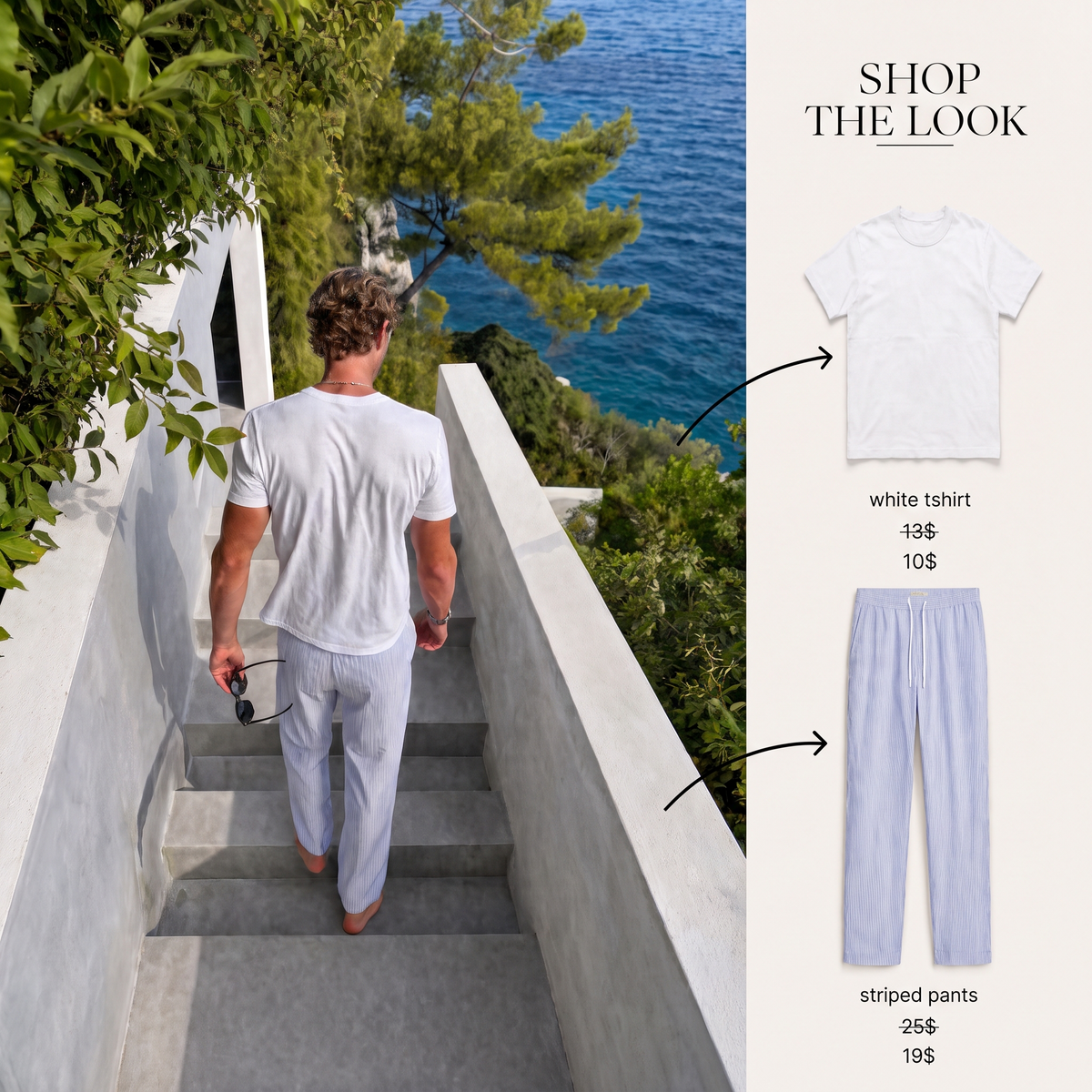 WHITE T SHIRT + STRIPED PANTS