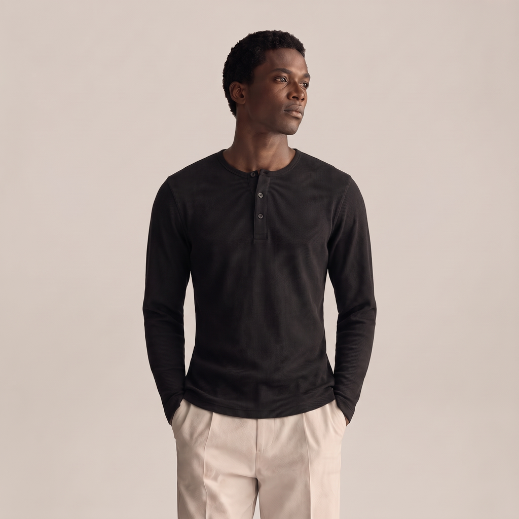 Ribbed Henley — Black
