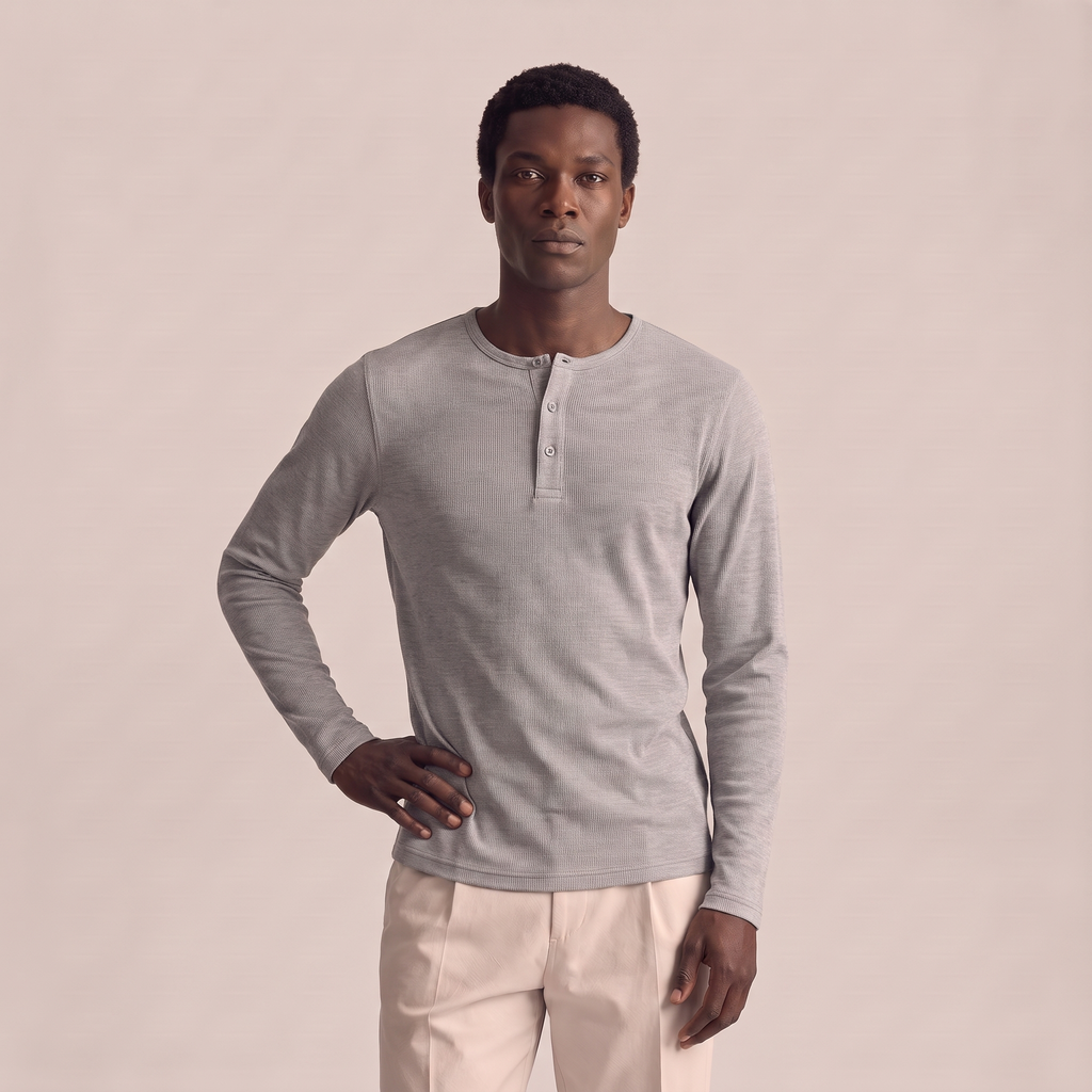 Ribbed Henley — Light Grey